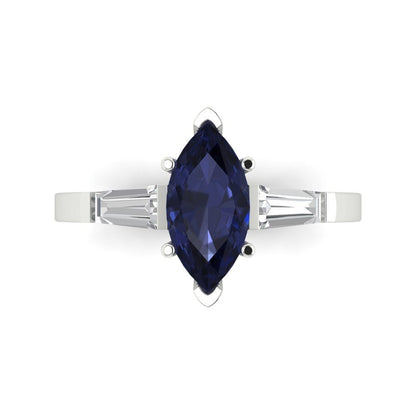2 cttw Simulated Blue Sapphire Three-Stone Engagement Ring - Solid White Gold (VVS1, Marquise Cut,11x5.5mm)