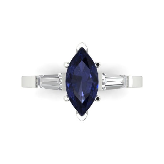 2 cttw Simulated Blue Sapphire Three-Stone Engagement Ring - Solid White Gold (VVS1, Marquise Cut,11x5.5mm)