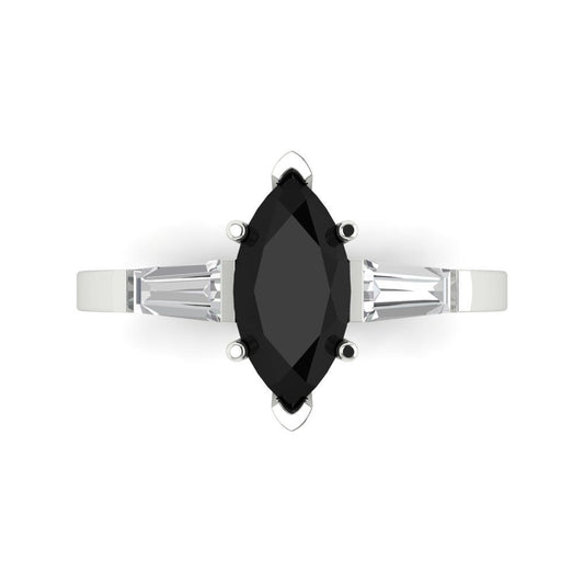 2 cttw Natural Onyx Three-Stone Engagement Ring - Solid White Gold (VVS1, Marquise Cut,11x5.5mm)