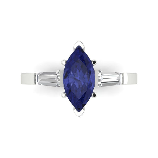 2 cttw Simulated Tanzanite Three-Stone Engagement Ring - Solid White Gold (VVS1, Marquise Cut,11x5.5mm)