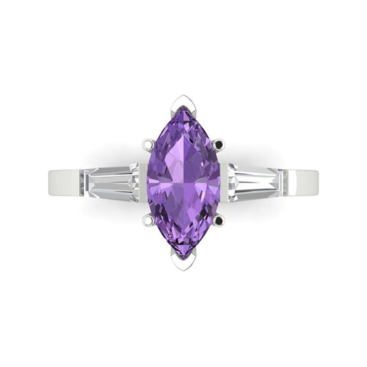 2 cttw Simulated Alexandrite Three-Stone Engagement Ring - Solid White Gold (VVS1, Marquise Cut,11x5.5mm)