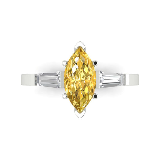 2 cttw Zirconia Simulated Yellow Diamond Three-Stone Engagement Ring - Solid White Gold (VVS1, Marquise Cut,11x5.5mm)