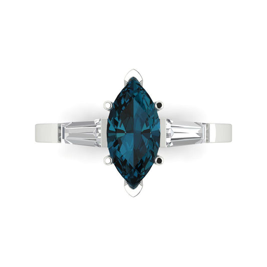 2 cttw Natural London Blue Topaz Three-Stone Engagement Ring - Solid White Gold (VVS1, Marquise Cut,11x5.5mm)