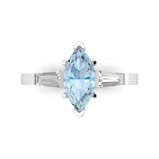 2 cttw Natural Sky Blue Topaz Three-Stone Engagement Ring - Solid White Gold (VVS1, Marquise Cut,11x5.5mm)