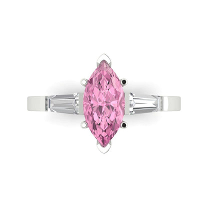 2 cttw Zirconia Simulated Pink Diamond Three-Stone Engagement Ring - Solid White Gold (VVS1, Marquise Cut,11x5.5mm)