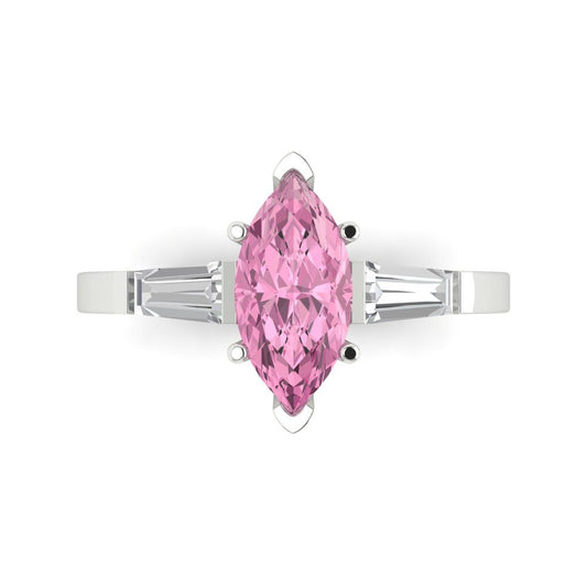 2 cttw Zirconia Simulated Pink Diamond Three-Stone Engagement Ring - Solid White Gold (VVS1, Marquise Cut,11x5.5mm)
