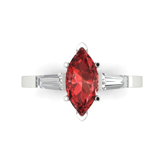 2 cttw Natural Garnet Three-Stone Engagement Ring - Solid White Gold (VVS1, Marquise Cut,11x5.5mm)