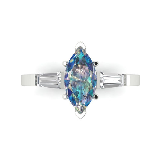 2 cttw Blue Moissanite Three-Stone Engagement Ring - Solid White Gold (VVS1, Marquise Cut,11x5.5mm)