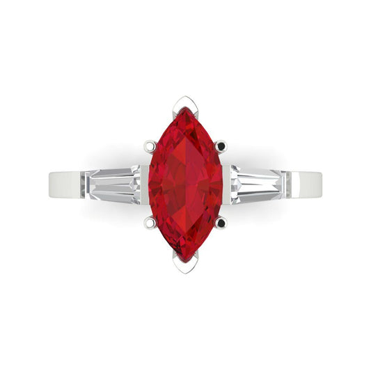 2 cttw Simulated Pink Tourmaline Three-Stone Engagement Ring - Solid White Gold (VVS1, Marquise Cut,11x5.5mm)