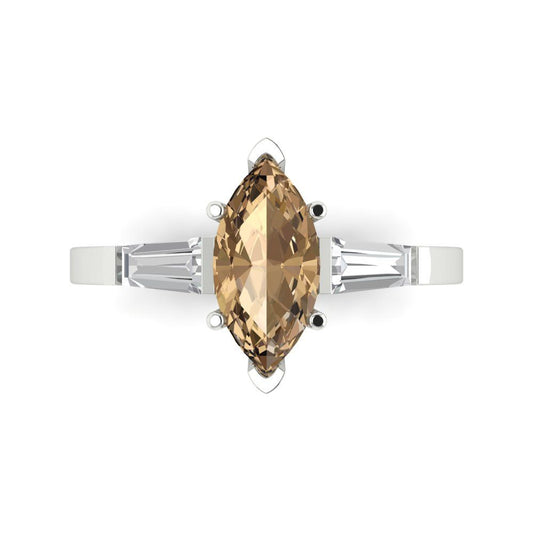 2 cttw Zirconia Simulated Champagne Diamond Three-Stone Engagement Ring - Solid White Gold (VVS1, Marquise Cut,11x5.5mm)