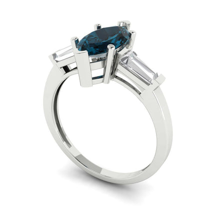 2 cttw Natural London Blue Topaz Three-Stone Engagement Ring - Solid Gold (Marquise Cut,11x5.5mm)