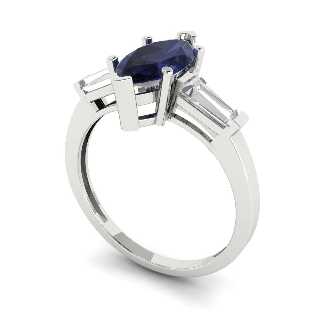 2 cttw Simulated Blue Sapphire Three-Stone Engagement Ring - Solid White Gold (VVS1, Marquise Cut,11x5.5mm)