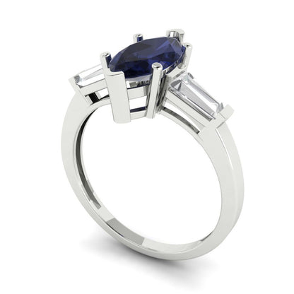 2 cttw Simulated Blue Sapphire Three-Stone Engagement Ring - Solid White Gold (VVS1, Marquise Cut,11x5.5mm)