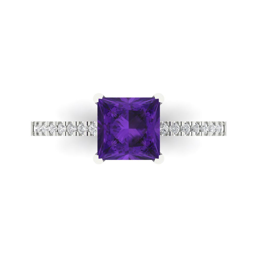 1.62 cttw Natural Amethyst Solitaire with Zirconia Simulated Diamond Accents Engagement Ring - Solid Gold (Princess Cut,6.5mm)
