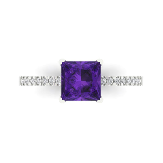 1.62 cttw Natural Amethyst Solitaire with Zirconia Simulated Diamond Accents Engagement Ring - Solid White Gold (VVS1, Princess Cut,6.5mm)