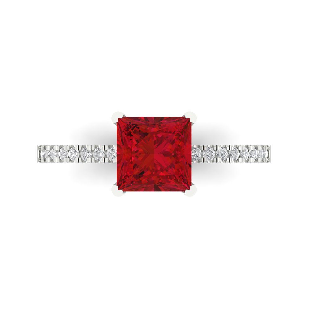 1.62 cttw Simulated Ruby Solitaire with Zirconia Simulated Diamond Accents Engagement Ring - Solid White Gold (VVS1, Princess Cut,6.5mm)