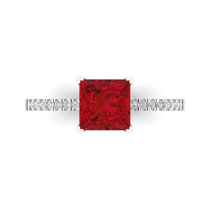 1.62 cttw Simulated Ruby Solitaire with Zirconia Simulated Diamond Accents Engagement Ring - Solid White Gold (VVS1, Princess Cut,6.5mm)