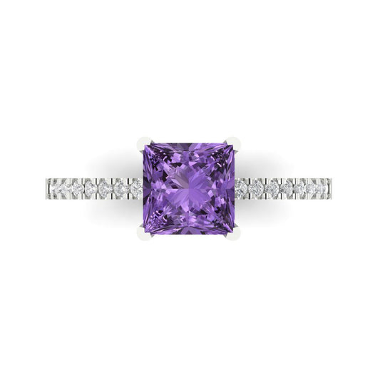 1.62 cttw Simulated Alexandrite Solitaire with Zirconia Simulated Diamond Accents Engagement Ring - Solid White Gold (VVS1, Princess Cut,6.5mm)