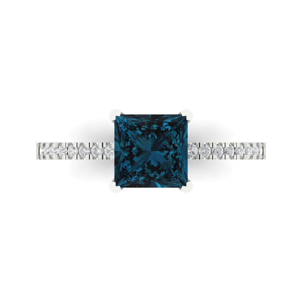 1.62 cttw Natural London Blue Topaz Solitaire with Zirconia Simulated Diamond Accents Engagement Ring - Solid Gold (Princess Cut,6.5mm)