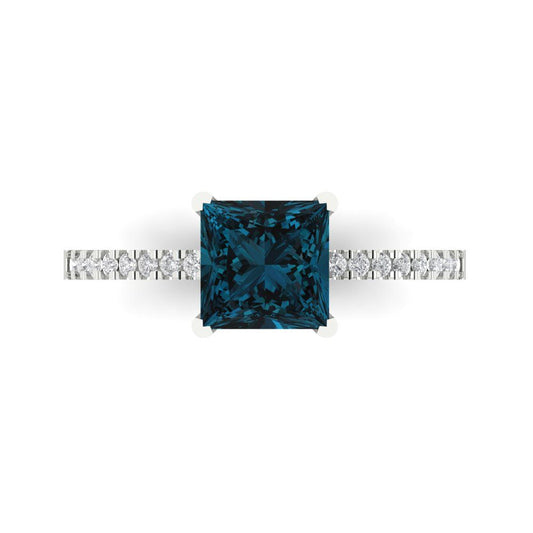 1.62 cttw Natural London Blue Topaz Solitaire with Zirconia Simulated Diamond Accents Engagement Ring - Solid White Gold (VVS1, Princess Cut,6.5mm)