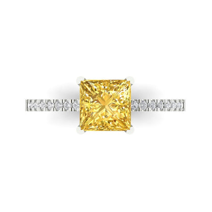 1.62 cttw Zirconia Simulated Yellow Diamond Solitaire with Zirconia Simulated Diamond Accents Engagement Ring - Solid Gold (VVS1, Princess Cut,6.5mm)