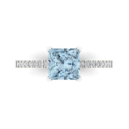 1.62 cttw Natural Aquamarine Solitaire with Zirconia Simulated Diamond Accents Engagement Ring - Solid White Gold (VVS1, Princess Cut,6.5mm)