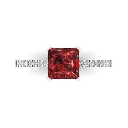 1.62 cttw Natural Garnet Solitaire with Zirconia Simulated Diamond Accents Engagement Ring - Solid Gold (Princess Cut,6.5mm)