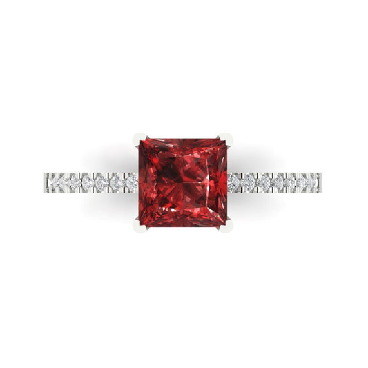 1.62 cttw Natural Garnet Solitaire with Zirconia Simulated Diamond Accents Engagement Ring - Solid White Gold (VVS1, Princess Cut,6.5mm)