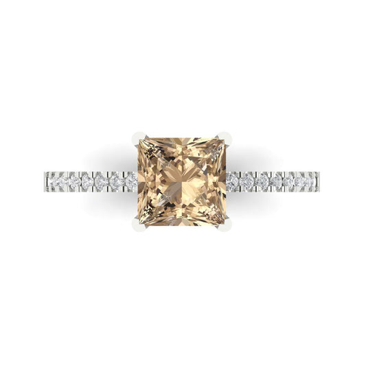 1.62 cttw Yellow Moissanite Solitaire with Zirconia Simulated Diamond Accents Engagement Ring - Solid White Gold (VVS1, Princess Cut,6.5mm)