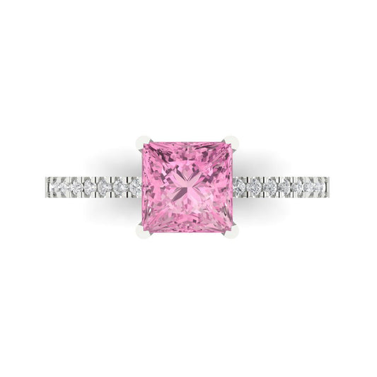 1.62 cttw Zirconia Simulated Pink Diamond Solitaire with Zirconia Simulated Diamond Accents Engagement Ring - Solid White Gold (VVS1, Princess Cut,6.5mm)