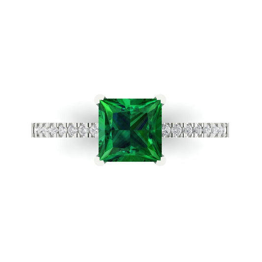 1.62 cttw Simulated Emerald Solitaire with Zirconia Simulated Diamond Accents Engagement Ring - Solid White Gold (VVS1, Princess Cut,6.5mm)