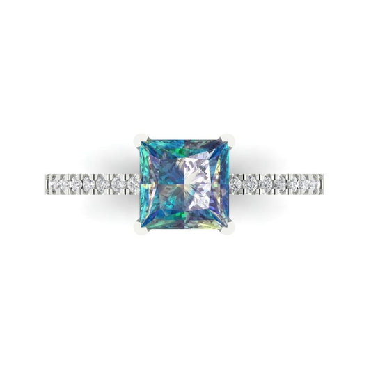 1.62 cttw Blue Moissanite Solitaire with Zirconia Simulated Diamond Accents Engagement Ring - Solid White Gold (VVS1, Princess Cut,6.5mm)
