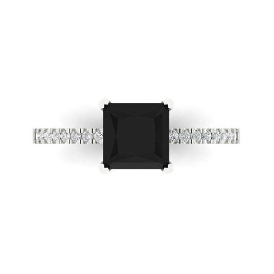 1.62 cttw Natural Onyx Solitaire with Zirconia Simulated Diamond Accents Engagement Ring - Solid White Gold (VVS1, Princess Cut,6.5mm)