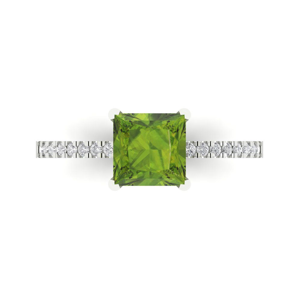 1.62 cttw Natural Peridot Solitaire with Zirconia Simulated Diamond Accents Engagement Ring - Solid Gold (Princess Cut,6.5mm)