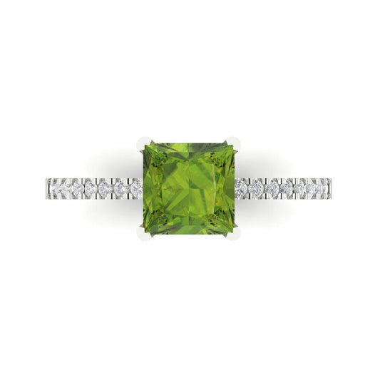 1.62 cttw Natural Peridot Solitaire with Zirconia Simulated Diamond Accents Engagement Ring - Solid White Gold (VVS1, Princess Cut,6.5mm)