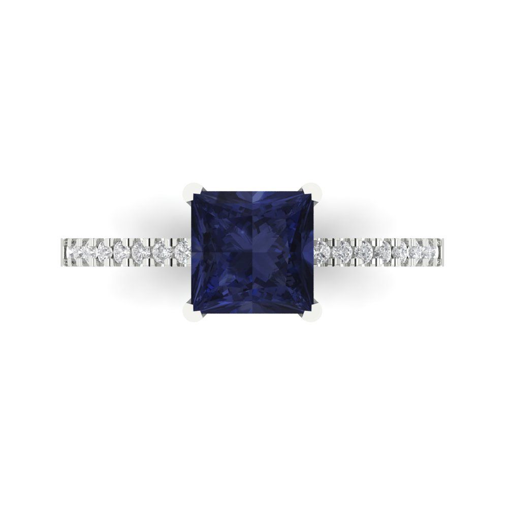 1.62 cttw Simulated Blue Sapphire Solitaire with Zirconia Simulated Diamond Accents Engagement Ring - Solid Gold (Princess Cut,6.5mm)