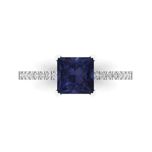 1.62 cttw Simulated Blue Sapphire Solitaire with Zirconia Simulated Diamond Accents Engagement Ring - Solid White Gold (VVS1, Princess Cut,6.5mm)