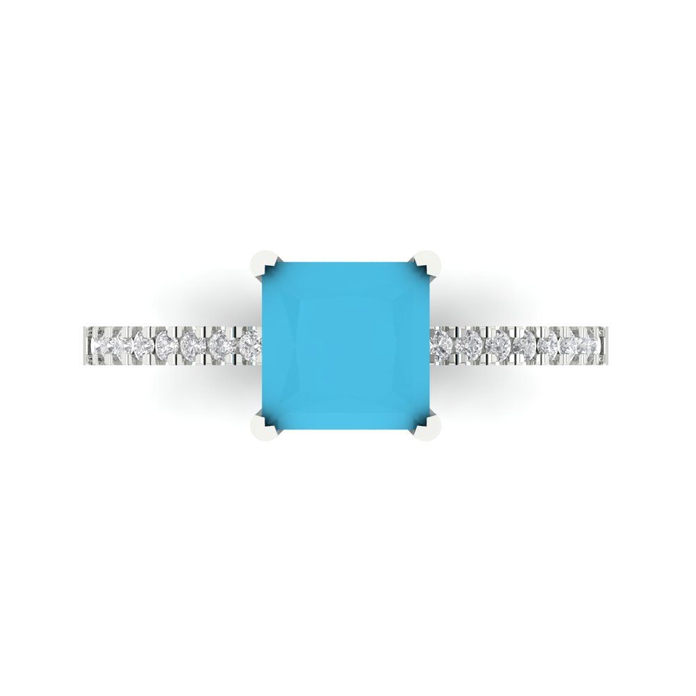 1.62 cttw Simulated Turquoise Solitaire with Zirconia Simulated Diamond Accents Engagement Ring - Solid Gold (Princess Cut,6.5mm)