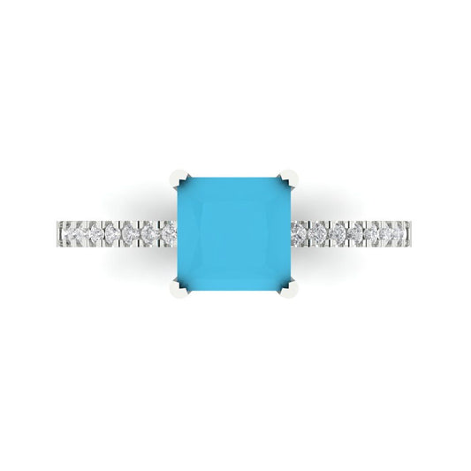 1.62 cttw Simulated Turquoise Solitaire with Zirconia Simulated Diamond Accents Engagement Ring - Solid White Gold (VVS1, Princess Cut,6.5mm)