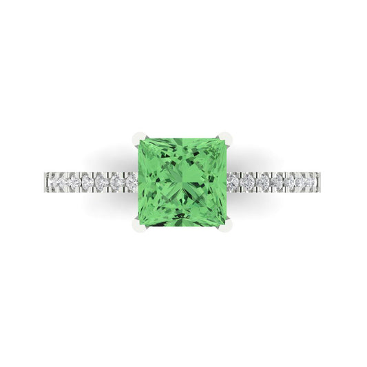 1.62 cttw Zirconia Simulated Green Diamond Solitaire with Zirconia Simulated Diamond Accents Engagement Ring - Solid White Gold (VVS1, Princess Cut,6.5mm)