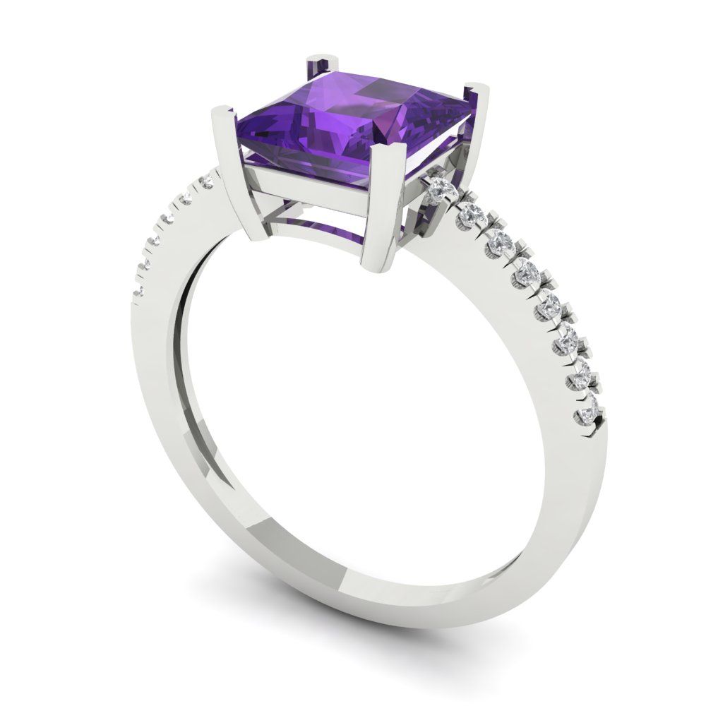 1.62 cttw Natural Amethyst Solitaire with Zirconia Simulated Diamond Accents Engagement Ring - Solid Gold (Princess Cut,6.5mm)