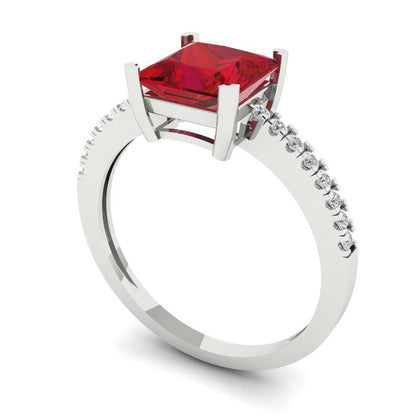 1.62 cttw Simulated Ruby Solitaire with Zirconia Simulated Diamond Accents Engagement Ring - Solid White Gold (VVS1, Princess Cut,6.5mm)