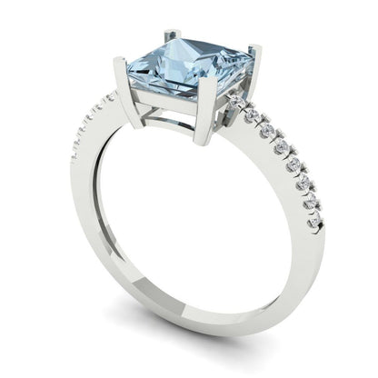 1.62 cttw Natural Swiss Blue Topaz Solitaire with Zirconia Simulated Diamond Accents Engagement Ring - Solid Gold (Princess Cut,6.5mm)