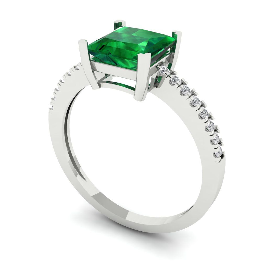 1.62 cttw Simulated Emerald Solitaire with Zirconia Simulated Diamond Accents Engagement Ring - Solid Gold (Princess Cut,6.5mm)