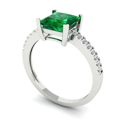1.62 cttw Simulated Emerald Solitaire with Zirconia Simulated Diamond Accents Engagement Ring - Solid Gold (Princess Cut,6.5mm)