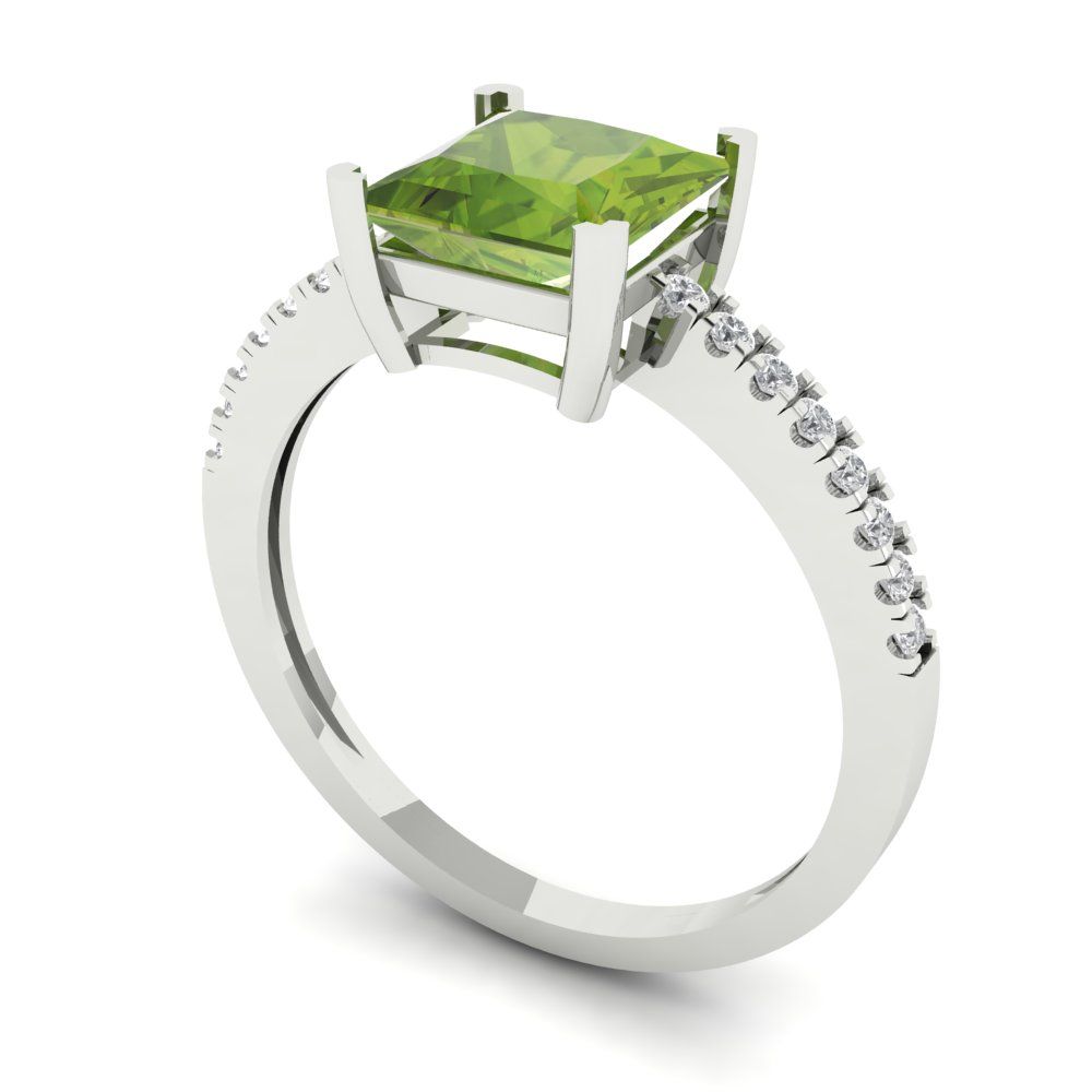 1.62 cttw Natural Peridot Solitaire with Zirconia Simulated Diamond Accents Engagement Ring - Solid Gold (Princess Cut,6.5mm)