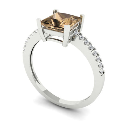 1.62 cttw Zirconia Simulated Champagne Diamond Solitaire with Zirconia Simulated Diamond Accents Engagement Ring - Solid Gold (VVS1, Princess Cut,6.5mm)