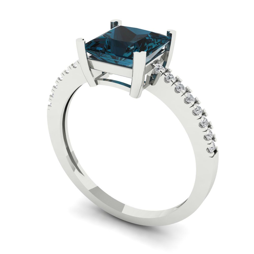 1.62 cttw Natural London Blue Topaz Solitaire with Zirconia Simulated Diamond Accents Engagement Ring - Solid Gold (Princess Cut,6.5mm)