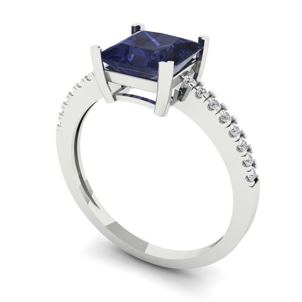 1.62 cttw Simulated Blue Sapphire Solitaire with Zirconia Simulated Diamond Accents Engagement Ring - Solid Gold (Princess Cut,6.5mm)