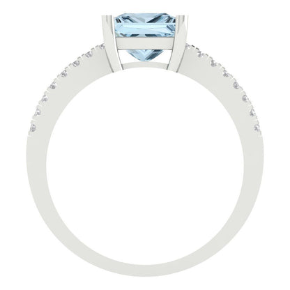 1.62 cttw Natural Aquamarine Solitaire with Zirconia Simulated Diamond Accents Engagement Ring - Solid Gold (Princess Cut,6.5mm)